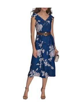 Donna Karan Blue Floral Linen Blend Dress Marbella Womens 8